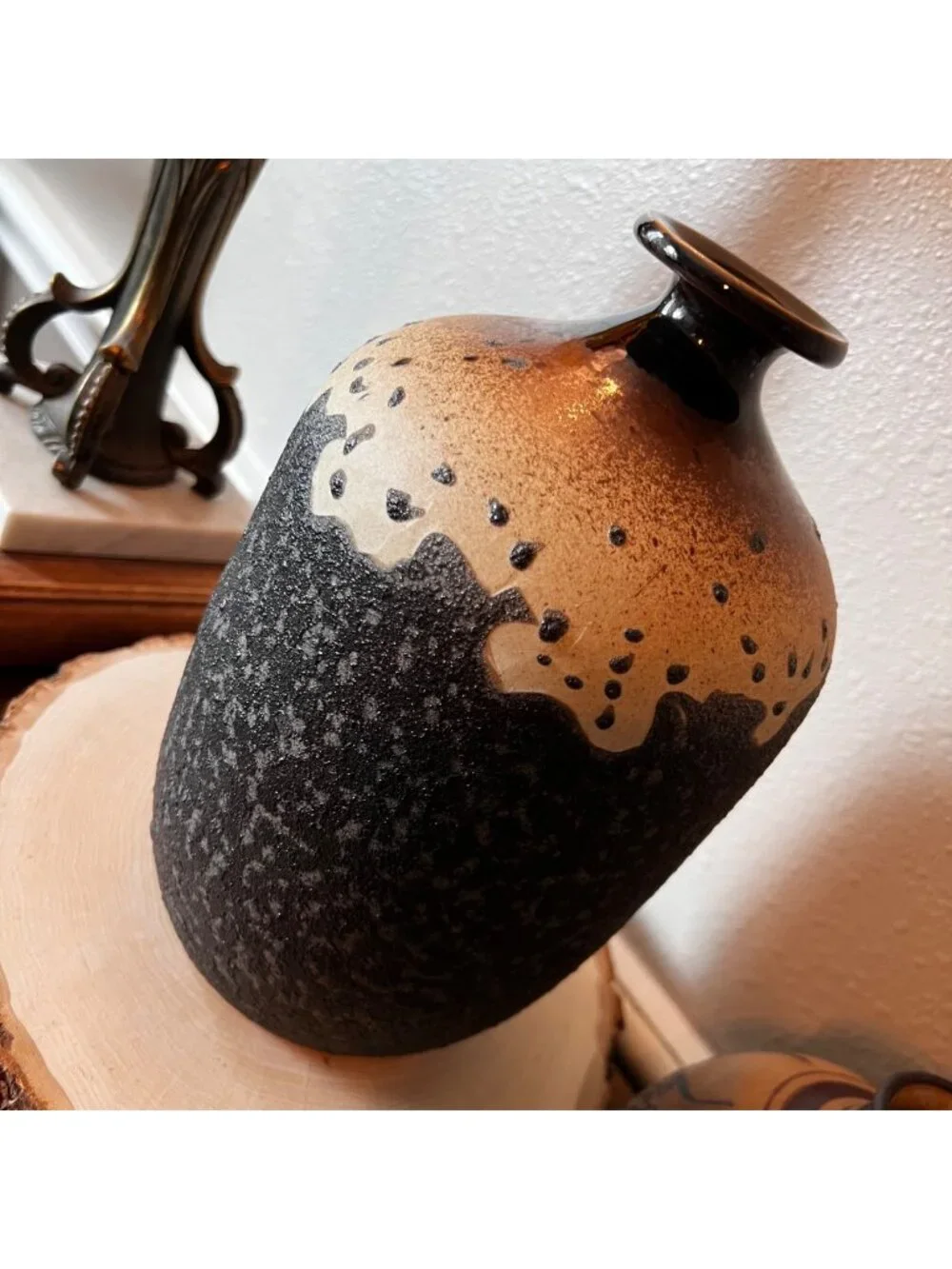 Vintage Carved Textured Glaze Stoneware vase 9.5 Tall